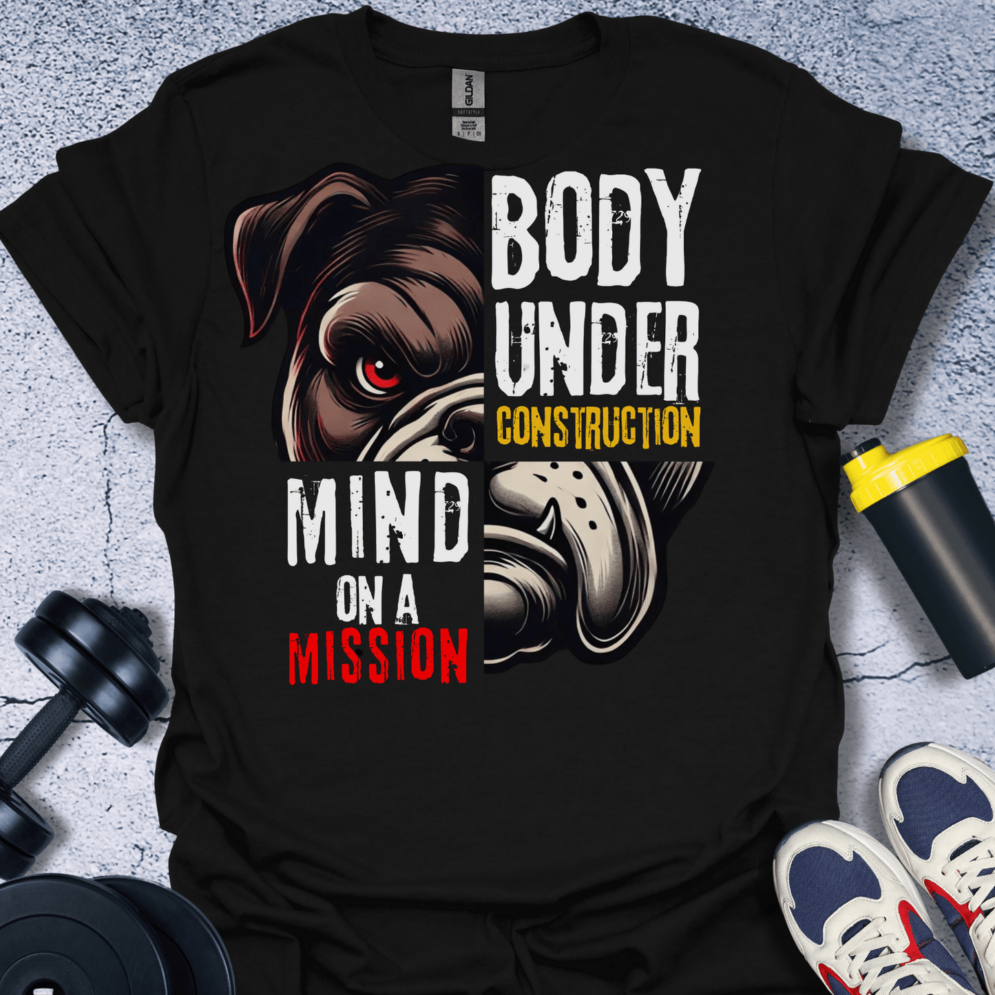 T-Shirt Black / S Bulldog Body Under Construction Mind On Mission T-Shirt