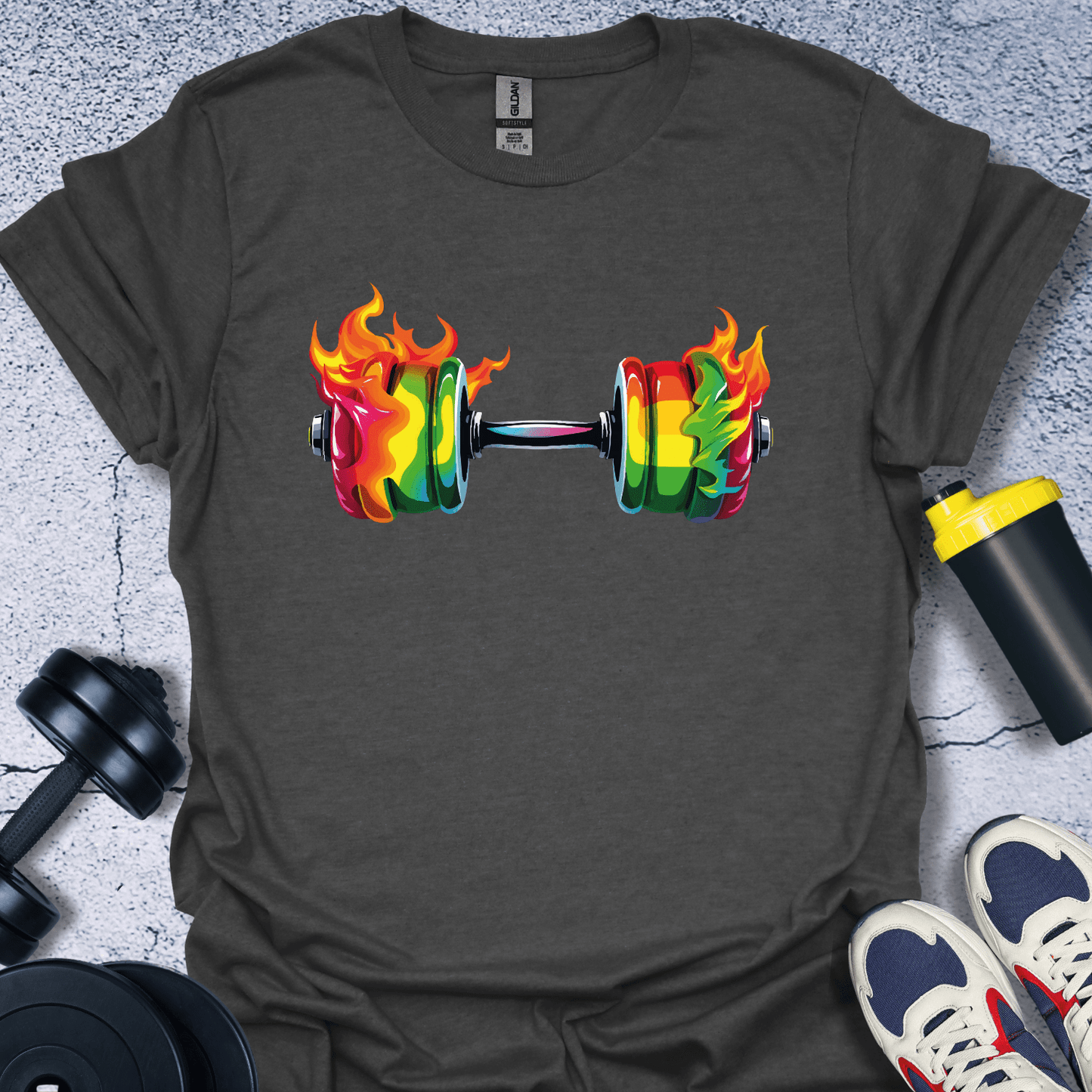 T-Shirt Dark Heather / S Colorful Fire Dumbbell T-Shirt