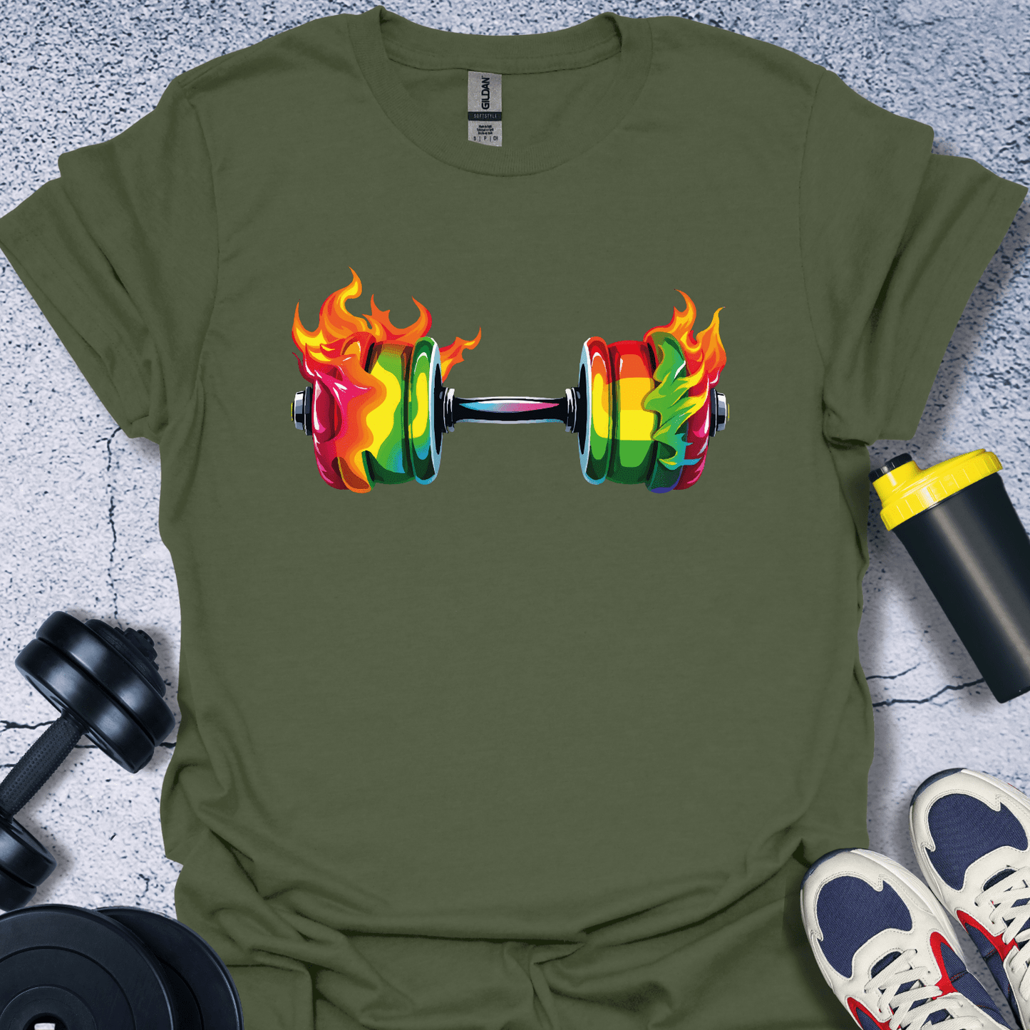 T-Shirt Military Green / S Colorful Fire Dumbbell T-Shirt