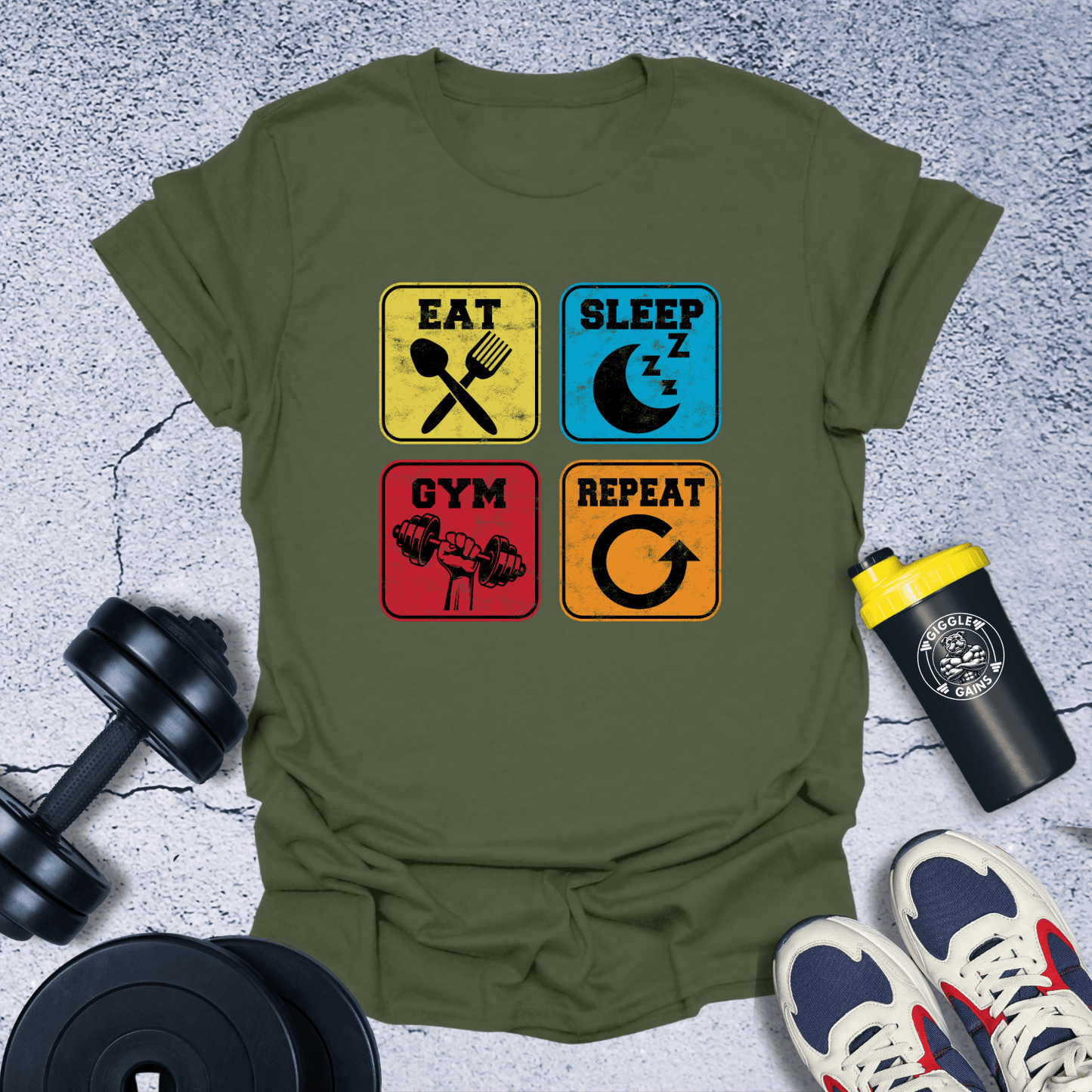 T-Shirt Military Green / S Eat, Sleep, Gym, Repeat T-Shirt