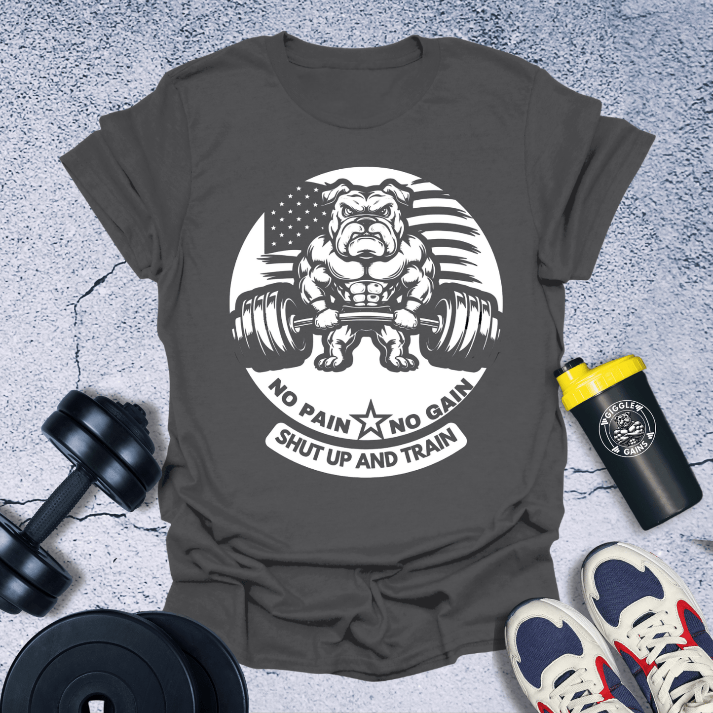 T-Shirt Dark Heather / S No pain no gain(US Flag with bulldog) T-Shirt